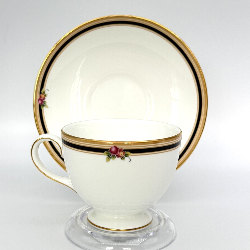 Wedgwood Clio Bone China Teacup and Saucer Set Black Band Gold Floral England
